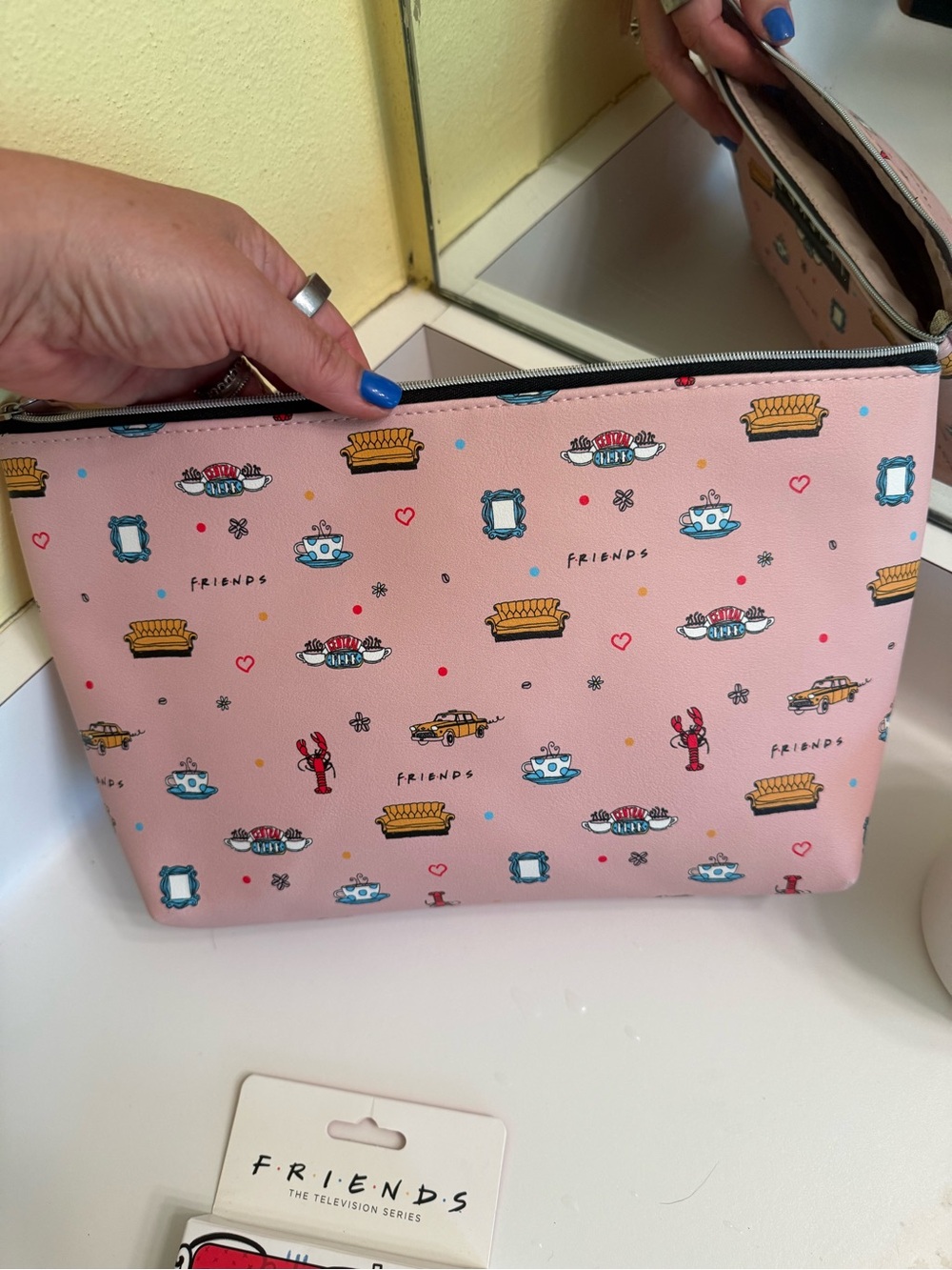 FRIENDS Pink Patterned Icon Cosmetic Pouch with Pottery Barn Mug & fun Coasters - Picture 3 of 9